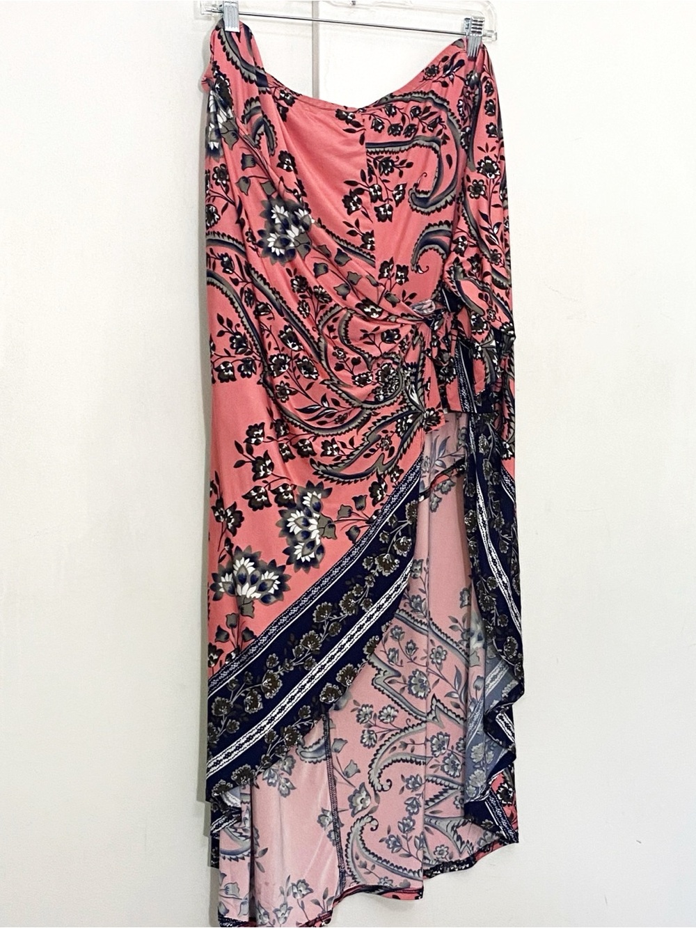 VENUS Boho Coral Pink Paisley High-Low Wrap Tie Skirt,Attached Matching Short 3X